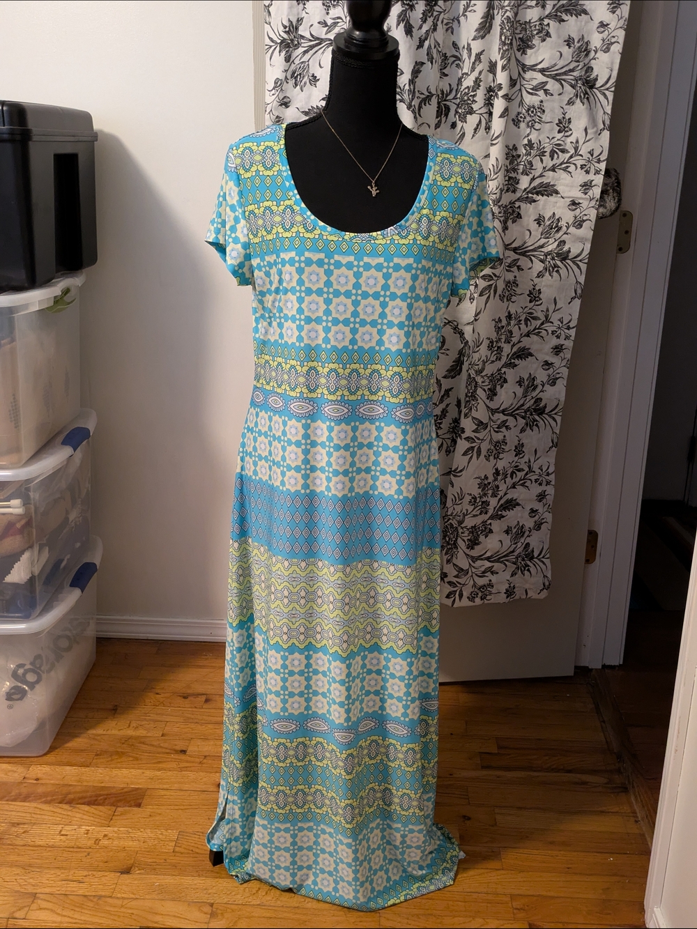 Alki'i Teal and Lime Patterned Maxi Dress